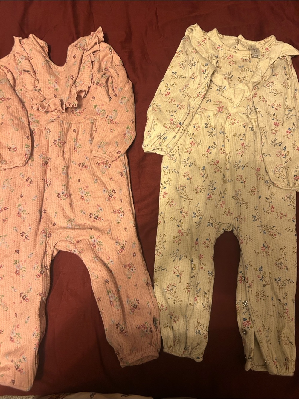 2 Ruffled Floral Footie One-Piece - Pink and Cream